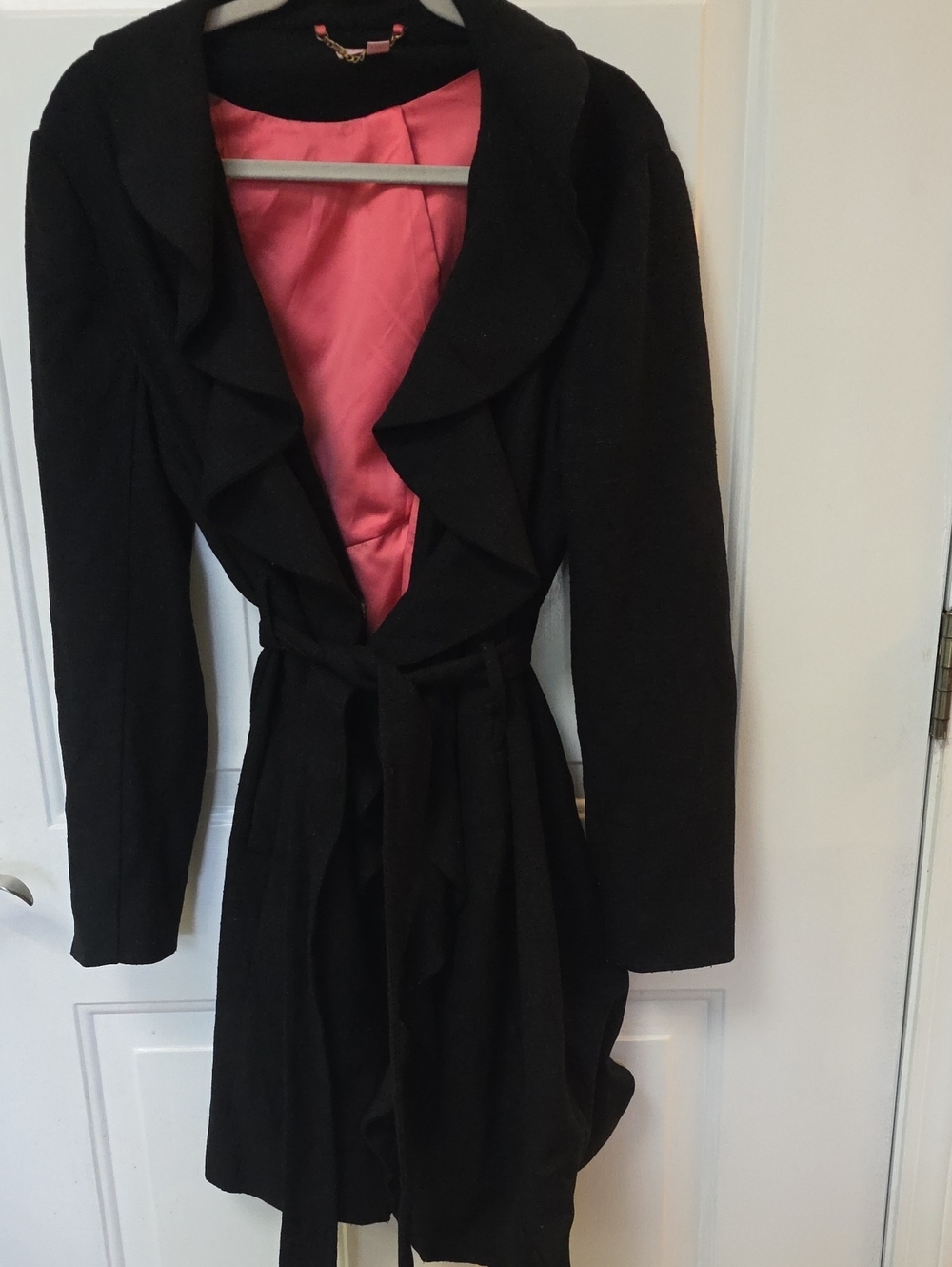 Lilly Pulitzer Black Ruffle Front Wrap Coat Black & Pink Large